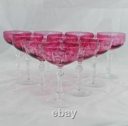 10 Bohemian Czech Cranberry Red Cut to Clear Champagne Coupe Glasses 8 oz
