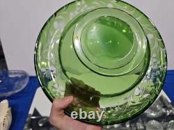 10 Bowl Rolled Rim, Green Cut to clear Crystal glass Signed England Webb RARE