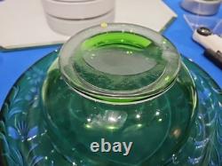 10 Bowl Rolled Rim, Green Cut to clear Crystal glass Signed England Webb RARE