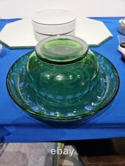 10 Bowl Rolled Rim, Green Cut to clear Crystal glass Signed England Webb RARE
