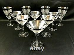 10 HAWKES Cut Crystal Grapevine Grape Leaf Martini Wine Glass Silver Rim SIGNED