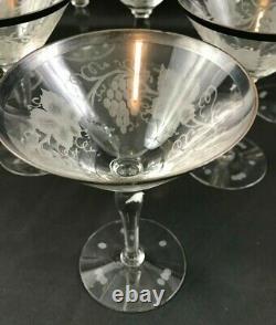 10 HAWKES Cut Crystal Grapevine Grape Leaf Martini Wine Glass Silver Rim SIGNED