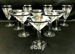 10 HAWKES Cut Crystal Grapevine Grape Leaf Martini Wine Glass Silver Rim SIGNED