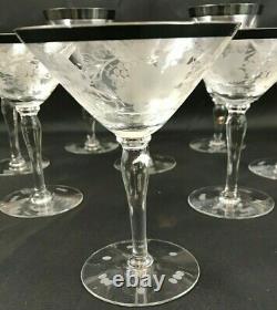 10 HAWKES Cut Crystal Grapevine Grape Leaf Martini Wine Glass Silver Rim SIGNED