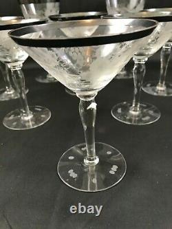 10 HAWKES Cut Crystal Grapevine Grape Leaf Martini Wine Glass Silver Rim SIGNED