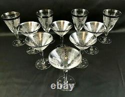 10 HAWKES Cut Crystal Grapevine Grape Leaf Martini Wine Glass Silver Rim SIGNED