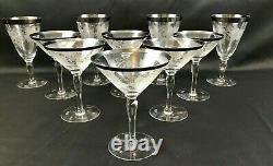 10 HAWKES Cut Crystal Grapevine Grape Leaf Martini Wine Glass Silver Rim SIGNED