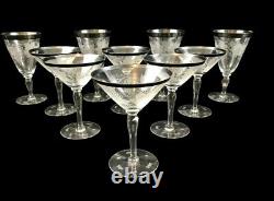 10 HAWKES Grapevine Design Cut Crystal Wine & Martini Glasses Silver Rims Signed