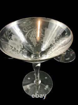 10 HAWKES Grapevine Design Cut Crystal Wine & Martini Glasses Silver Rims Signed