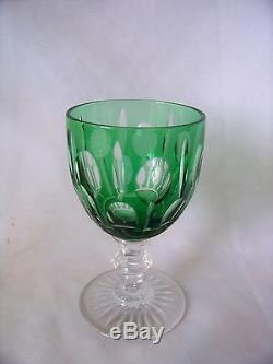 11 Green Emerald Cut to Clear Crystal Brandy Glasses w Knob Stem