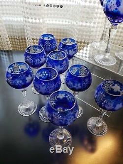 12 Ajka Cobalt Blue Cased Cut To Clear Crystal Wine Glass Hock