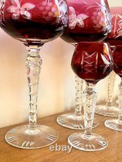 12 Bohemian Crystal Cranberry Ruby Red Cut to Clear Wine Goblets & Cordials NR