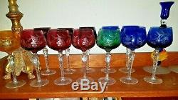 12 Bohemian Crystal Cut To Clear Multicolored Wine Hock Goblets