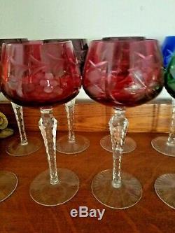 12 Bohemian Crystal Cut To Clear Multicolored Wine Hock Goblets