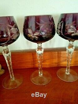 12 Bohemian Crystal Cut To Clear Multicolored Wine Hock Goblets