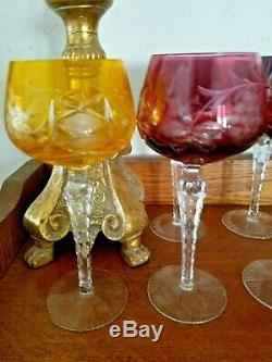 12 Bohemian Crystal Cut To Clear Multicolored Wine Hock Goblets