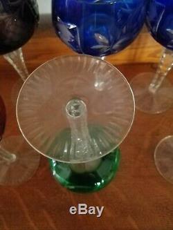 12 Bohemian Crystal Cut To Clear Multicolored Wine Hock Goblets