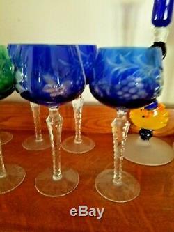 12 Bohemian Crystal Cut To Clear Multicolored Wine Hock Goblets