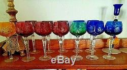 12 Bohemian Crystal Cut To Clear Multicolored Wine Hock Goblets
