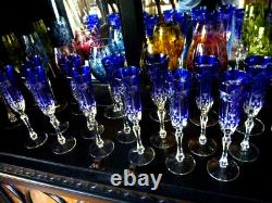 12 Varga Imperial Cobalt Blue Cut to Clear Crystal Champagne Glasses Flutes NEW