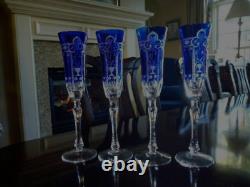 12 Varga Imperial Cobalt Blue Cut to Clear Crystal Champagne Glasses Flutes NEW