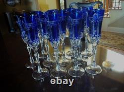 12 Varga Imperial Cobalt Blue Cut to Clear Crystal Champagne Glasses Flutes NEW