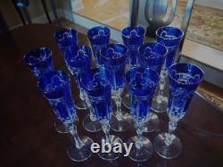 12 Varga Imperial Cobalt Blue Cut to Clear Crystal Champagne Glasses Flutes NEW