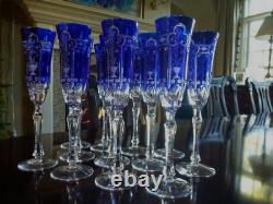 12 Varga Imperial Cobalt Blue Cut to Clear Crystal Champagne Glasses Flutes NEW