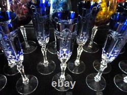 12 Varga Imperial Cobalt Blue Cut to Clear Crystal Champagne Glasses Flutes NEW