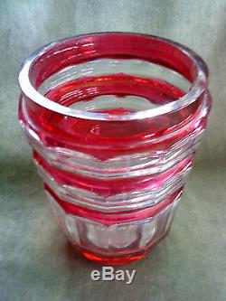 12 faceted Val St. Lambert Belgium crystal vase in cut to clear cranberry flash