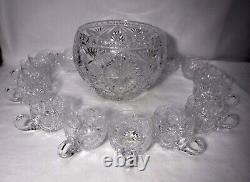 14-piece CUT GLASS Crystal PUNCH BOWL with 13 Punch Cups