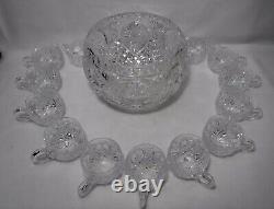 14-piece CUT GLASS Crystal PUNCH BOWL with 13 Punch Cups