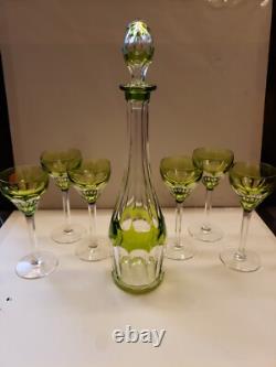 16 Decanter & 6 wine Chartreuse Green Cut to Clear glass Crystal Val St Lambert