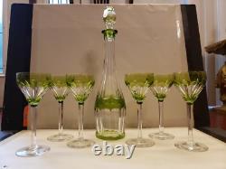 16 Decanter & 6 wine Chartreuse Green Cut to Clear glass Crystal Val St Lambert