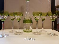16 Decanter & 6 wine Chartreuse Green Cut to Clear glass Crystal Val St Lambert