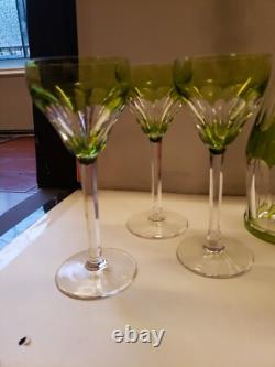 16 Decanter & 6 wine Chartreuse Green Cut to Clear glass Crystal Val St Lambert