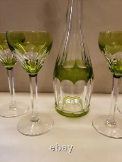 16 Decanter & 6 wine Chartreuse Green Cut to Clear glass Crystal Val St Lambert