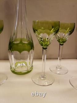 16 Decanter & 6 wine Chartreuse Green Cut to Clear glass Crystal Val St Lambert