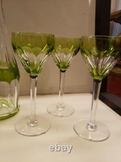 16 Decanter & 6 wine Chartreuse Green Cut to Clear glass Crystal Val St Lambert