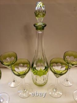 16 Decanter & 6 wine Chartreuse Green Cut to Clear glass Crystal Val St Lambert