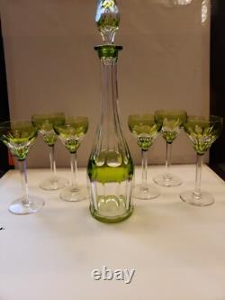 16 Decanter & 6 wine Chartreuse Green Cut to Clear glass Crystal Val St Lambert