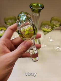 16 Decanter & 6 wine Chartreuse Green Cut to Clear glass Crystal Val St Lambert