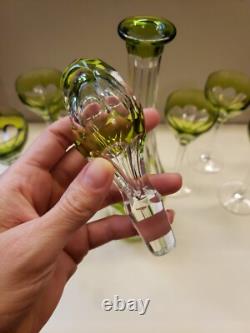 16 Decanter & 6 wine Chartreuse Green Cut to Clear glass Crystal Val St Lambert