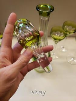 16 Decanter & 6 wine Chartreuse Green Cut to Clear glass Crystal Val St Lambert