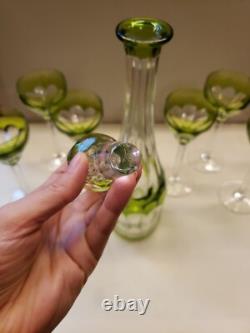 16 Decanter & 6 wine Chartreuse Green Cut to Clear glass Crystal Val St Lambert