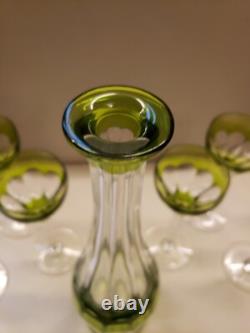 16 Decanter & 6 wine Chartreuse Green Cut to Clear glass Crystal Val St Lambert