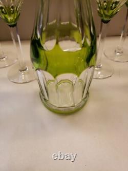 16 Decanter & 6 wine Chartreuse Green Cut to Clear glass Crystal Val St Lambert