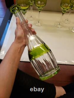 16 Decanter & 6 wine Chartreuse Green Cut to Clear glass Crystal Val St Lambert