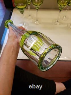 16 Decanter & 6 wine Chartreuse Green Cut to Clear glass Crystal Val St Lambert