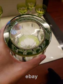 16 Decanter & 6 wine Chartreuse Green Cut to Clear glass Crystal Val St Lambert